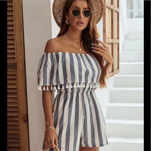 BLUE/CREAM STRIPED FRINGE TRIM BARDOT ROMPER - Picture 5 of 8